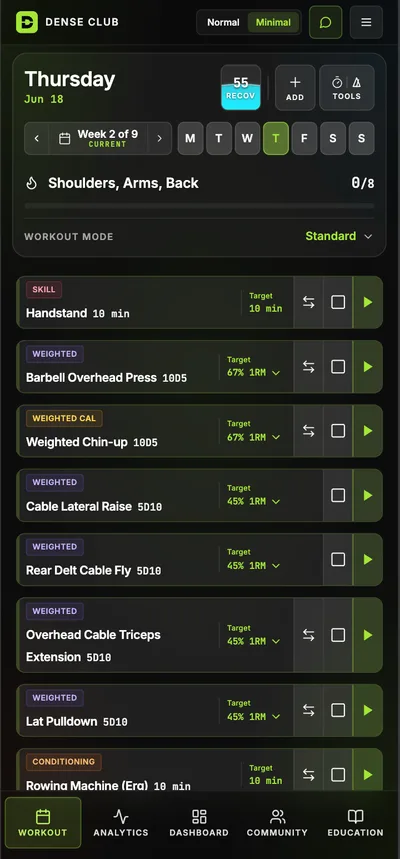 Dense Club app: today's workout
