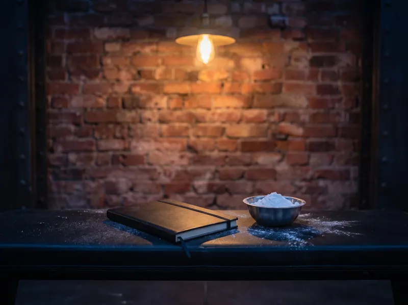 A closed training notebook and a bowl of chalk on a steel bench under a warm lamp