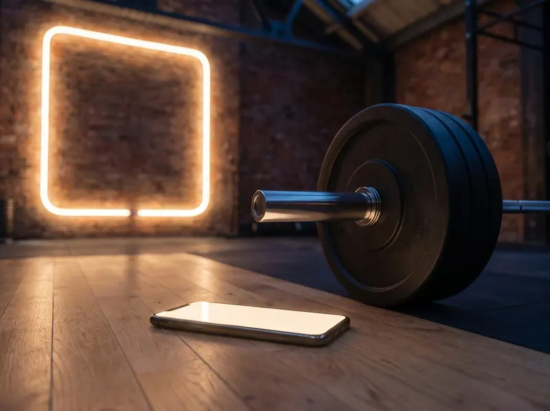 A phone with a glowing screen on an oak lifting platform next to a barbell plate