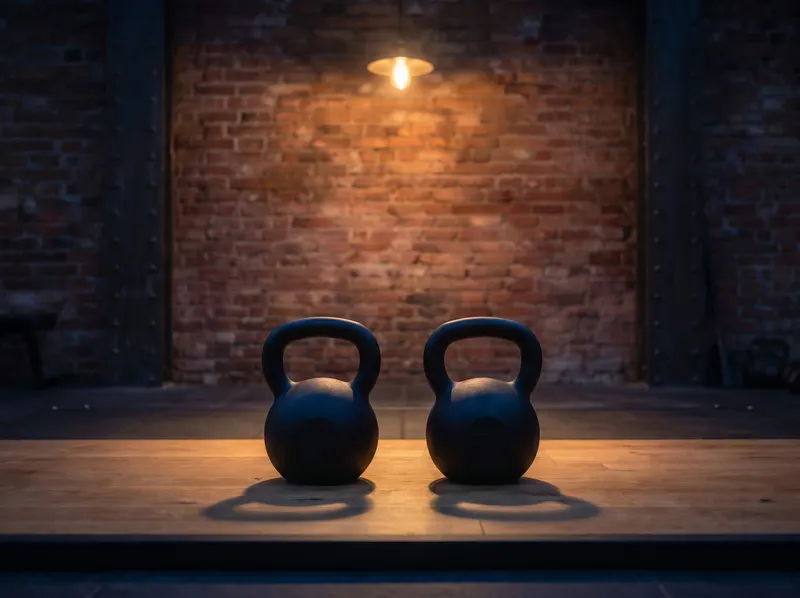 Two matching kettlebells side by side in one pool of warm light